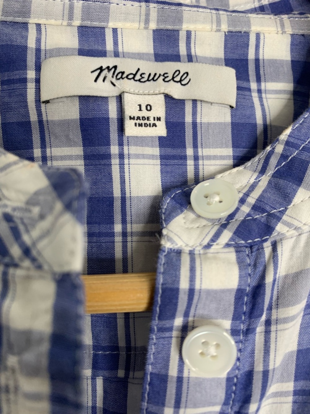 Madewell Puff-Sleeve Band-Collar Shirt Blue White Window Pane Print size 10 - Picture 3 of 7